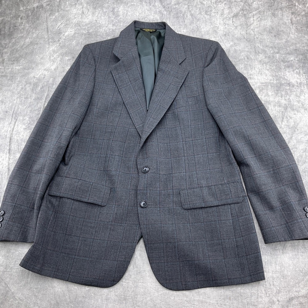 Palm Beach Blazer Mens 42R Gray Blue Plaid 2 Button Sport Coat USA VTG Jacket